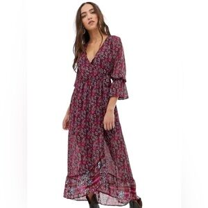 B.O.G  Collection Floral Bell Sleeve Midi Dress Lined Sheer Boho